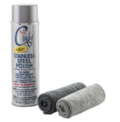 Ask Cindy Shop: a can of stainless steel polish and w grey stainless steel microfiber cloths